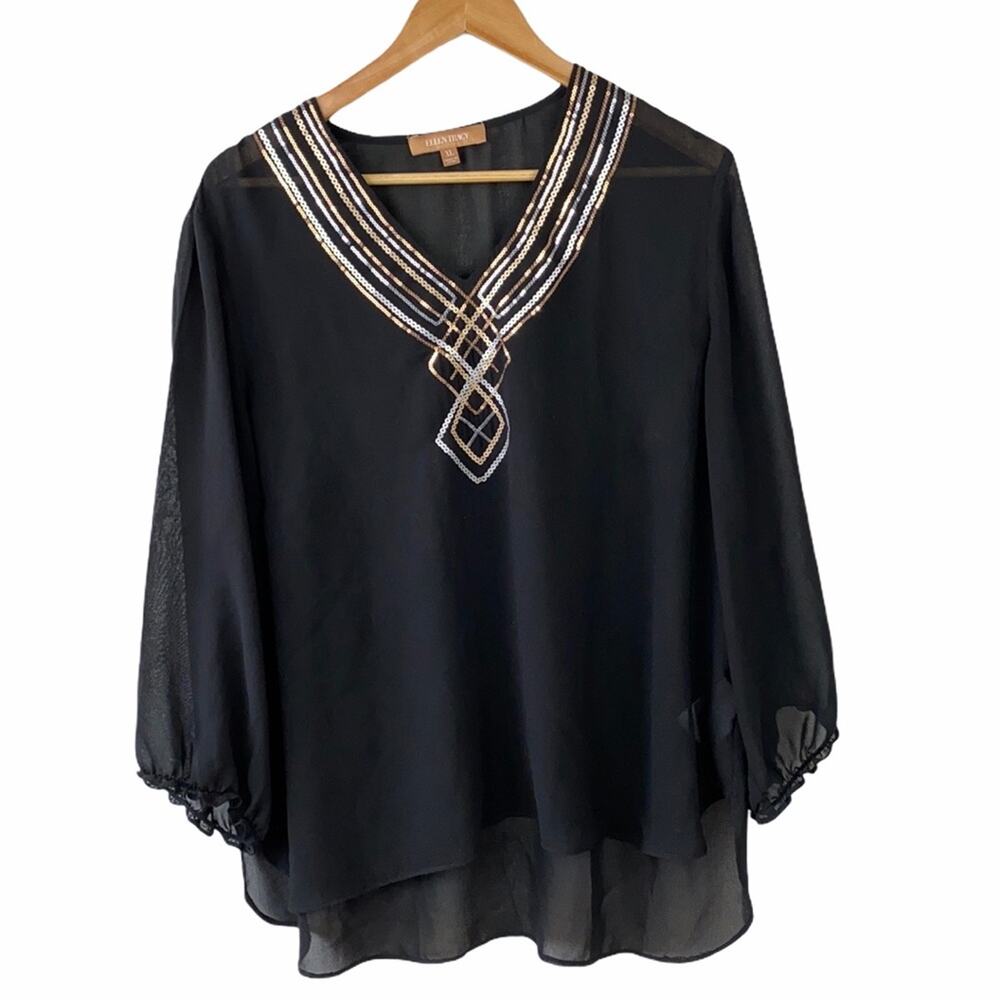 Ellen Tracy Black Sheer Sequined V-Neck Tunic Top XL High Low - Picture 2 of 9